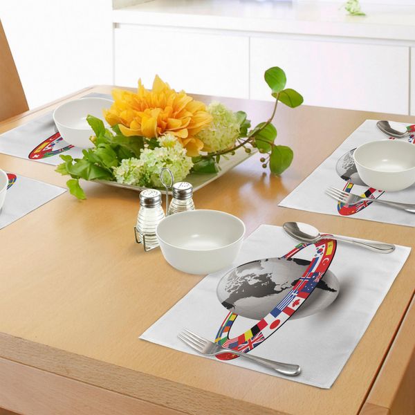 Abakuhaus Tovagliette Mondo, Terra Pianeta E Orbita Con Bandiere Nazionali Composizione Internazionale Con Paesi, Tiscjdeco In Tessuto Resistente Al Colore Per La Sala Da Pranzo E La Cucina, Multicolore-image