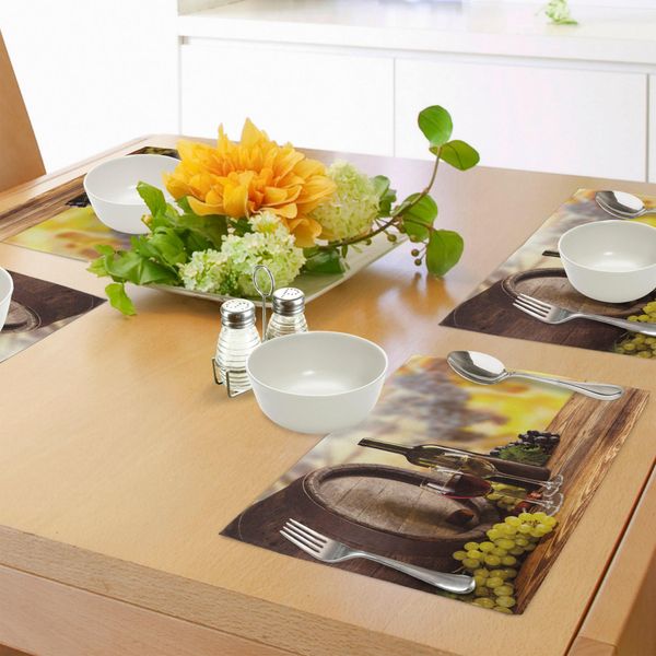 Tovagliette Abakuhaus, Bicchieri Per Vino Rosso E Bianco Su Botte Di Legno Di Alta Qualità, Gusto Tradizionale, Tiscjdeco In Tessuto Resistente Al Lavaggio Per La Sala Da Pranzo E La Cucina, Verde Chiaro Giallo Marrone-image