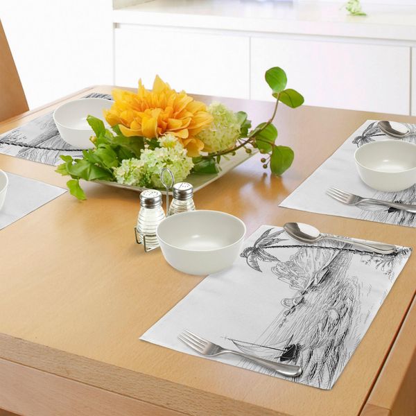 Abakuhaus Tovagliette Bianche E Nere, Spiaggia Con Palme, Barche E Colline, Vacanze Esotiche, Tiscjdeco In Tessuto Resistente Ai Colori Per La Sala Da Pranzo E La Cucina, Bianco E Nero-image