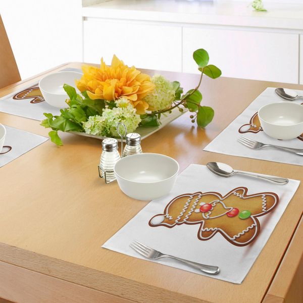 Tovagliette Abakuhaus Con Omino Di Pan Di Zenzero, Stravagante Caricatura Di San Pan Di Zenzero Con Caramelle, Decorazione Da Tavola In Tessuto Resistente Al Lavaggio Per La Sala Da Pranzo E La Cucina, Marrone Chiaro, Verde, Rosso-image