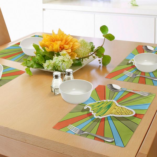 Tovagliette Artistiche Abakuhaus, Gelato Disegnato A Mano Su Cono Con Raggi Colorati Che Fuoriescono Dal Centro, Stampa Digitale Su Tessuto Lavabile, Decorazione Da Tavola Per Cucina, Verde Lime Multicolore-image