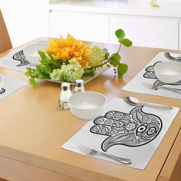 Tovagliette Abakuhaus Hamsa, Motivi Tribali Ispirati Alla Natura, Disegno Monocromatico, Grafica Boho Con Terzo Occhio Della Foglia, Tiscjdeco In Tessuto Resistente Al Lavaggio Per La Sala Da Pranzo E La Cucina, Bianco E Nero-image