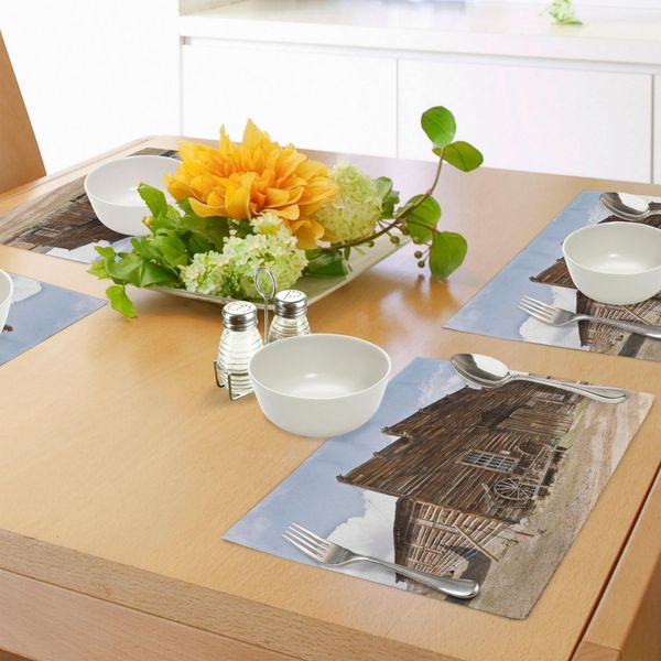 Abakuhaus Tovagliette In Legno Con Motivo Ruota Di Carro, Mercantile Abbandonato Con Ruote Di Carro Ghost Town, Tiscjdeco In Tessuto Resistente Al Colore Per La Sala Da Pranzo E La Cucina, Marrone Sabbia, Azzurro, Marrone-image