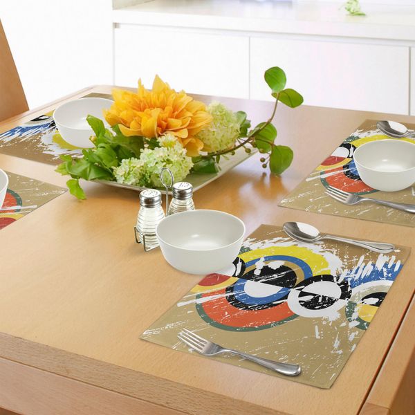 Tovagliette Artistiche Abakuhaus, Cerchi E Triangoli Stilizzati In Stile Astratto Geometrico Con Strisce Colorate Dal Design Psichedelico, Tiscjdeco In Tessuto Resistente Al Lavaggio Per La Sala Da Pranzo E La Cucina, Multicolore-image