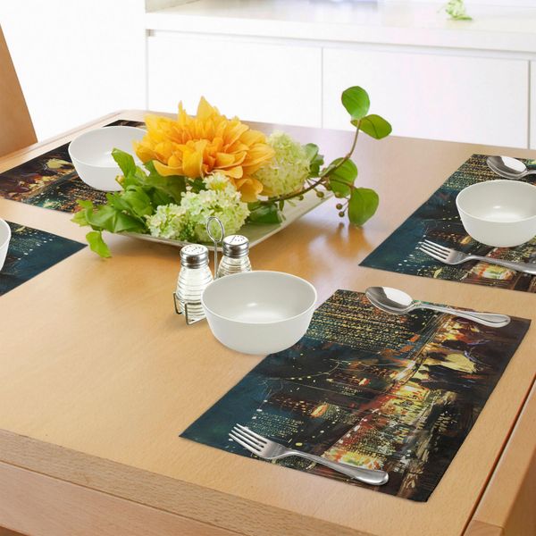 Tovagliette Abakuhaus Nacht, Dipinti Di Shopping Street City Con Vivace Vita Notturna Pennellate Astratte, Tiscjdeco In Tessuto Resistente Ai Colori Per La Sala Da Pranzo E La Cucina, Multicolore-image