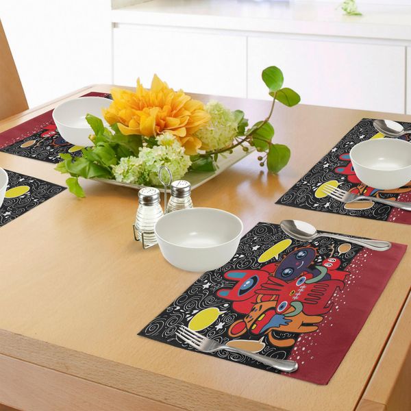 Tovagliette Indie Abakuhaus, Tema Monster City, Personaggi Divertenti Con Scritte, Fiori, Cuori E Stelle, Decorazioni Da Tavola In Tessuto Resistente Ai Colori Per La Sala Da Pranzo E La Cucina, Multicolore-image