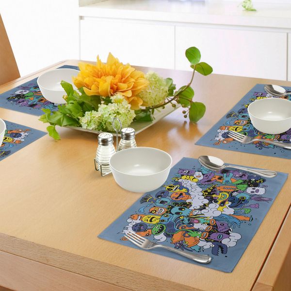 Tovagliette Indie Abakuhaus, Gruppo Di Diverse Espressioni Della Società Funky Monster, Stile Astratto Con Scarabocchi, Tiscjdeco In Tessuto Resistente Al Colore Per La Sala Da Pranzo E La Cucina, Multicolore-image