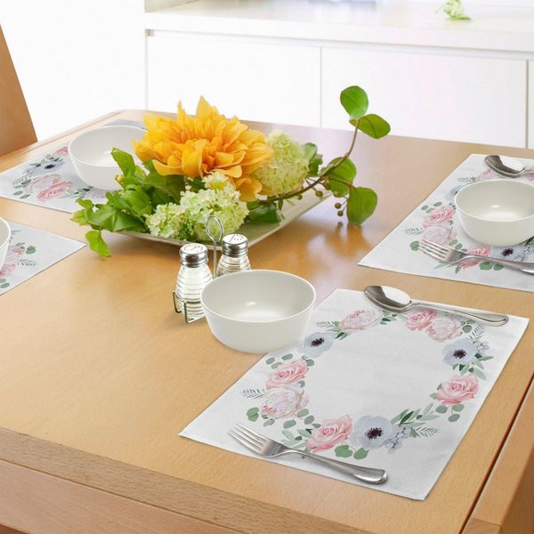 Abakuhaus Tovagliette Con Fiori Di Anemone, Delicata Rosa Peonia, Foglie Di Eucalipto Brunia, Corona Rotonda, Decorazioni Da Tavola In Tessuto Resistente Al Lavaggio Per La Sala Da Pranzo E La Cucina, Verde Mandorla, Rosa Chiaro, Bianco-image