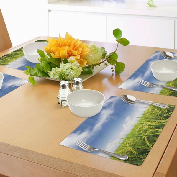 Tovagliette Abakuhaus Con Motivi Vegetali, Risaie Asiatiche Coltivate, Agricoltura, Cibo, Paesaggio Orientale, Tiscjdeco In Tessuto Resistente Al Lavaggio Per Sala Da Pranzo E Cucina, Verde Mela E Azzurro Cielo-image