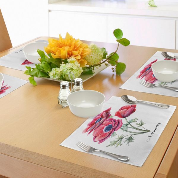 Abakuhaus Tovagliette Con Fiori Di Anemone, Bouquet Acquerellato Del Giardino Di Anemoni Autunnali, Decorazioni Da Tavola In Tessuto Resistente Allo Scolorimento Per La Sala Da Pranzo E La Cucina, Verde Salvia, Blu Navy, Rosso.-image