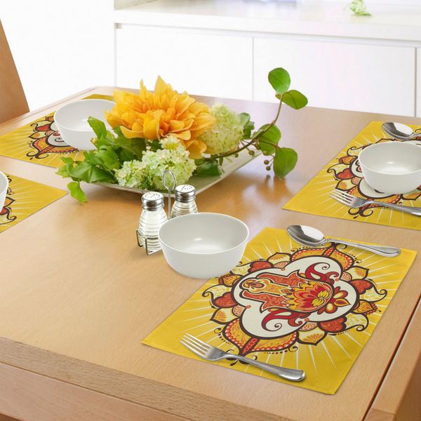 Tovagliette Abakuhaus Hamsa, Design Etnico Ispirato Al Sole, Tema Aura Energy Yoga Mantra Con Ornamenti, Tiscjdeco In Tessuto Resistente Al Lavaggio Per La Sala Da Pranzo E La Cucina, Arancione Giallo Marrone-image