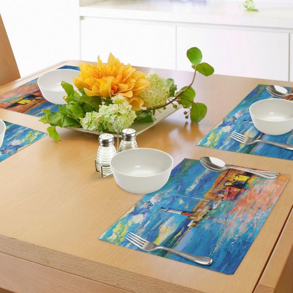 Tovagliette Artistiche Abakuhaus, Dipinti A Olio Su Argilla, Faro Artistico E Barche Sulla Costa, Immagine Affascinante Della Città Costiera, Tiscjdeco In Tessuto Resistente Ai Colori Per La Sala Da Pranzo E La Cucina, Multicolore-image