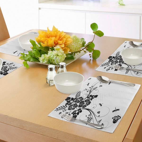 Abakuhaus Tovagliette Libelle, Decorazione Floreale Con Piante Di Felce, Illustrazione Stilizzata A Tema Naturale, Tiscjdeco In Tessuto Resistente Al Lavaggio Per La Sala Da Pranzo E La Cucina, Bianco Nero-image