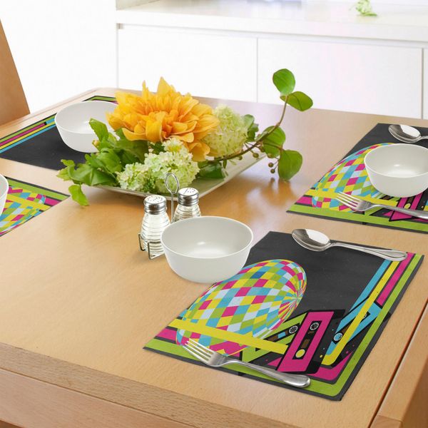 Abakuhaus Tovagliette Popstar Party, Tema Retrò Discoteca Anni '80 Audiocassette Strisce Colorate, Decorazioni Per Tavola In Tessuto Resistente Al Lavaggio Per Sala Da Pranzo E Cucina, Multicolore-image