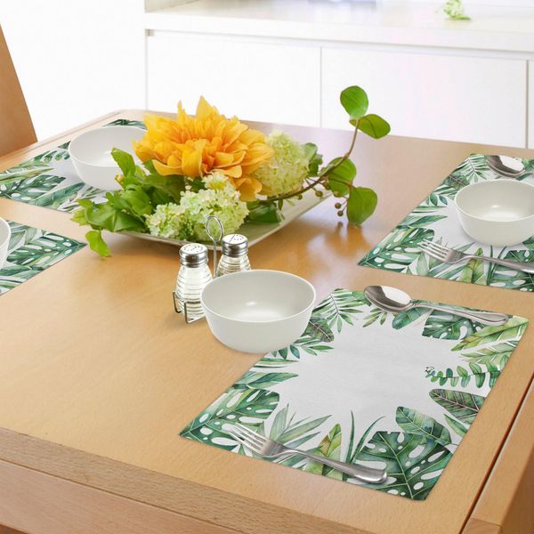 Tovagliette Abakuhaus Con Motivi Vegetali, Interessante Immagine A Tema Giungla Con Foglie E Un'apertura Verso Il Cielo Arte Esotica, Tessuto Lavabile Decorazione Per Tavolo Da Pranzo E Da Cucina Stampa Digitale, Verde Felce-image