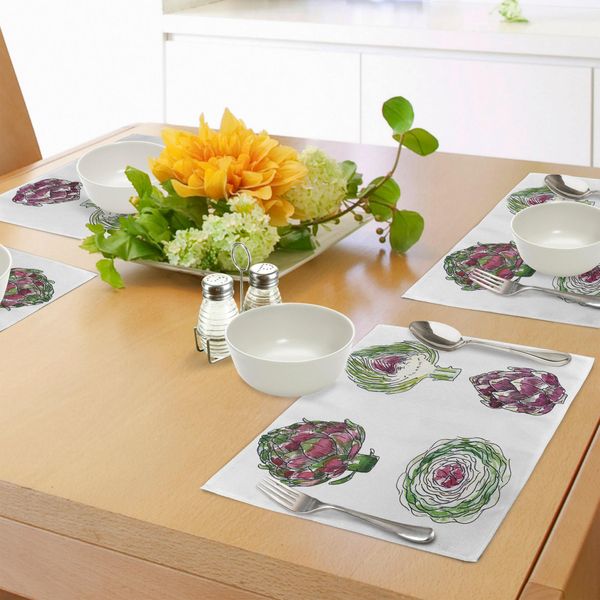 Tovagliette Abakuhaus Con Carciofi, Verdure Da Diverse Angolazioni Agricoltura Dieta Cibo Set Acquerello, Tiscjdeco In Tessuto Resistente Al Colore Per La Sala Da Pranzo E La Cucina, Verde Felce E Magenta-image