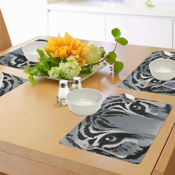 Tovagliette Abakuhaus, Tigre Dagli Occhi Penetranti Illustrazione Monocromatica Di Animali Selvatici Felidae Carnivori, Tiscjdeco In Tessuto Resistente Ai Colori Per La Sala Da Pranzo E La Cucina, Bianco Nero Grigio-image