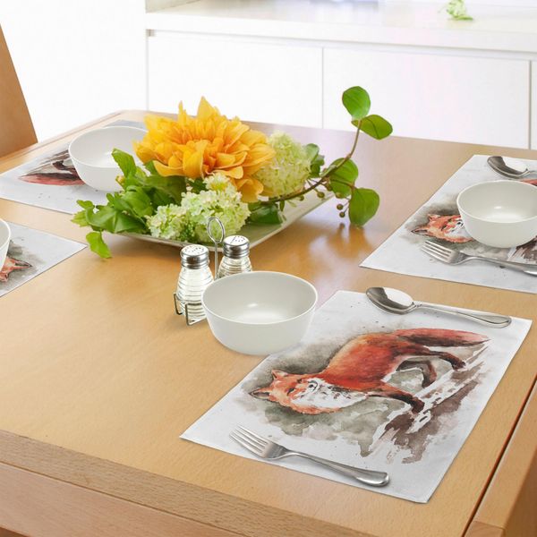 Tovagliette Abakuhaus Fuchs, Volpe Rossa Disegnata A Mano Con Acquerello Con Coda Folta Brushstrokes-Tod-Mammifero, Tiscjdeco In Tessuto Resistente Al Colore Per La Sala Da Pranzo E La Cucina, Siena Bianco Marrone-image