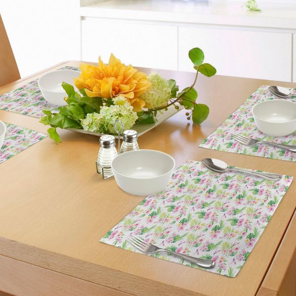 Tovagliette Abakuhaus Luau, Fiori Hawaiani Di Ibisco Con Foglie Verdi Esotiche E Uccelli, Stampa Botanica, Decorazione Da Tavola In Tessuto Resistente Al Lavaggio Per Sala Da Pranzo E Cucina, Rosa Baby, Giallo, Verde-image