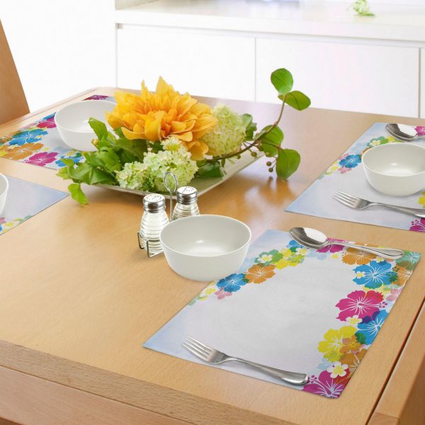 Tovagliette Abakuhaus Luau, Vivace Design Colorato Con Bordi Decorati Con Fiori Di Ibisco Polynesian Springtime Aloha, Tovagliette In Tessuto Resistente Ai Colori Per La Sala Da Pranzo E La Cucina, Multicolore-image