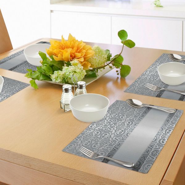 Tovagliette Abakuhaus In Damasco, Damasco Barocco Con Motivi Floreali In Stile Rococò, Design Rinascimentale, Tovaglietta Decorativa In Tessuto Resistente Al Lavaggio Per Sala Da Pranzo E Cucina, Grigio Chiaro-image