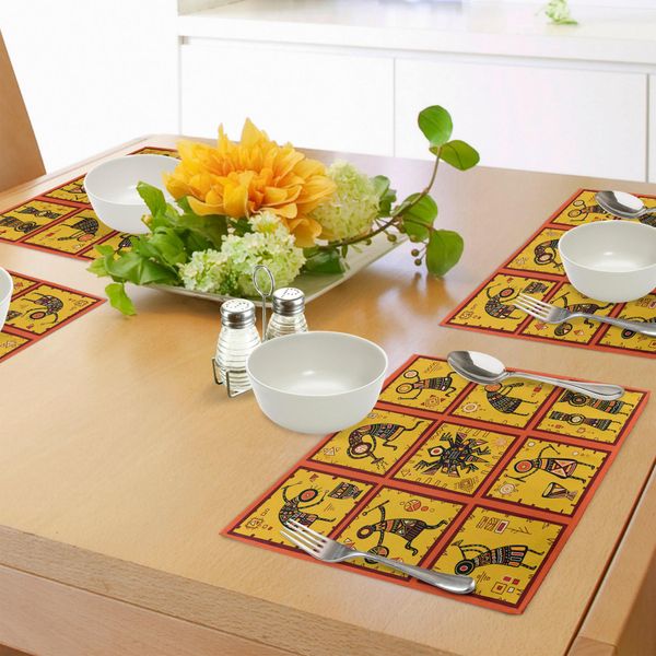 Tovagliette Abakuhaus Arancioni, Figure Africane, Motivi Tribali Etnici, Cultura Aborigena, Tiscjdeco In Tessuto Resistente Al Lavaggio Per Sala Da Pranzo E Cucina, Giallo, Nero, Rosso Corallo-image