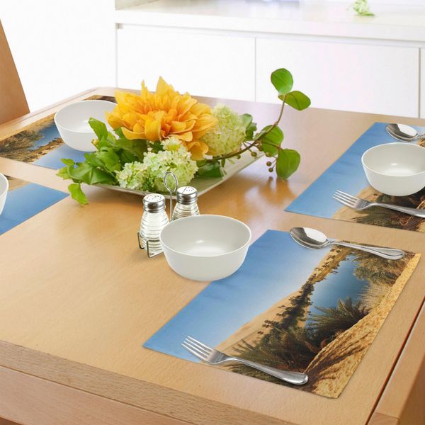 Abakuhaus Tovagliette Desertiche, Oasi Idilliaca Awbari Sabbia Mare Sahara Libia Stagno Lush Arid Country, Tiscjdeco In Tessuto Resistente Al Lavaggio Per La Sala Da Pranzo E La Cucina, Marrone Sabbia Azzurro Verde-image