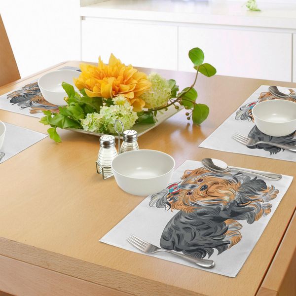 Tovagliette Abakuhaus Yorkie, Terrier Con Grazioso Fiocco Sulla Testa, Disegno Colorato, Cane Maculato, Animale Domestico, Yorkie, Decorazione Da Tavolo In Tessuto Resistente Al Lavaggio Per Sala Da Pranzo E Cucina, Color Albicocca Grigio-image