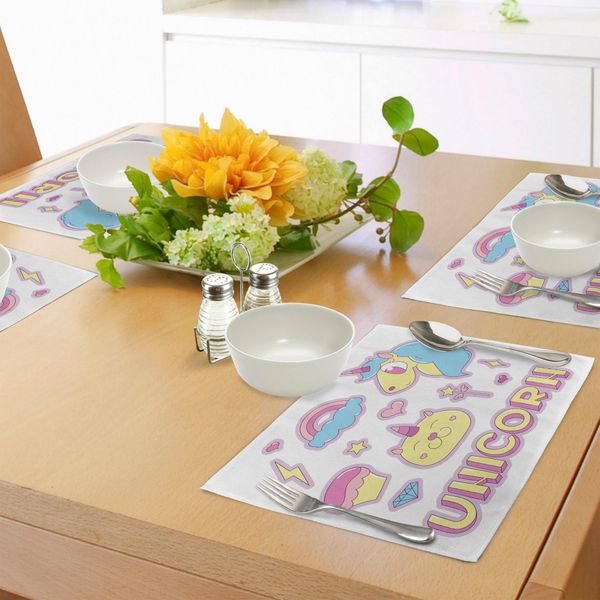 Abakuhaus Tovagliette Unicorno Gatto, Collezione Icone Fantastiche Cavallo Magico Gattino Cupcake Arcobaleno, Decorazioni Da Tavola In Tessuto Resistente Al Lavaggio Per Sala Da Pranzo E Cucina, Giallo Chiaro Azzurro Rosa-image