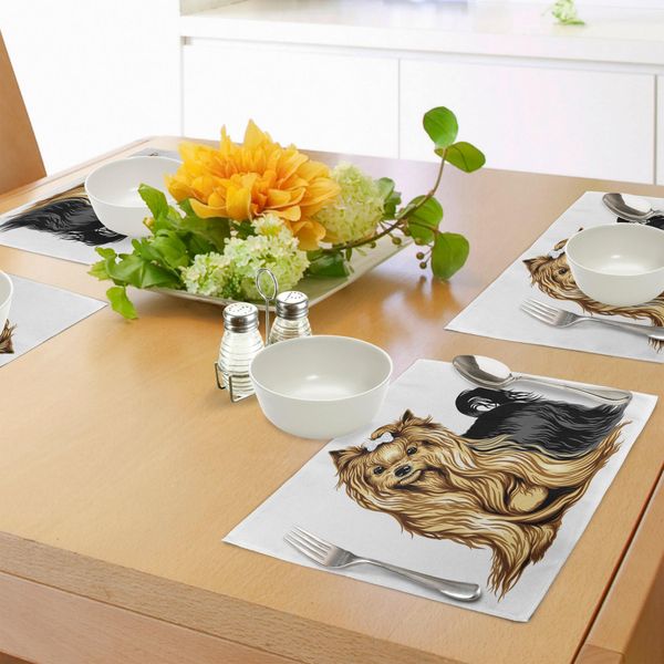 Tovagliette Abakuhaus Yorkie, Disegno Realistico Di Un Cane Domestico Yorkie A Pelo Lungo Dall'espressione Dolce, Tiscjdeco In Tessuto Resistente Al Lavaggio Per La Sala Da Pranzo E La Cucina, Senape Nero-image
