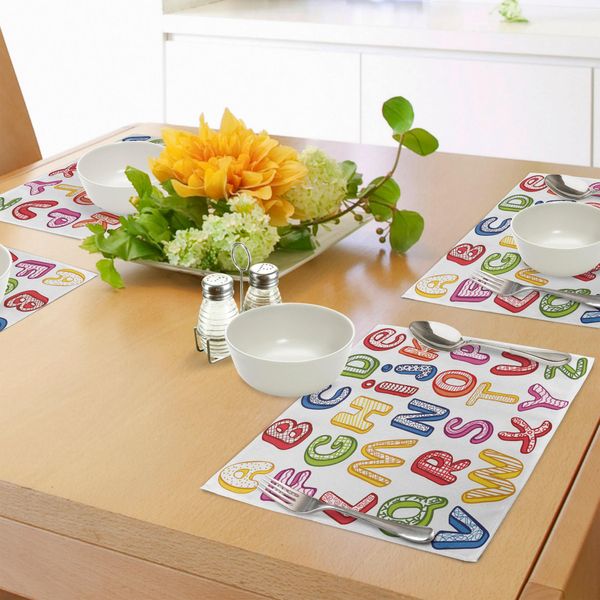 Abakuhaus Tovagliette Didattiche, Disegnate A Mano, Colorate, Tipo 3D Abc Con Scritte E Motivi Allegri Per Bambini, Decorazioni Da Tavola In Tessuto Resistente Al Lavaggio Per La Sala Da Pranzo E La Cucina, Multicolori-image