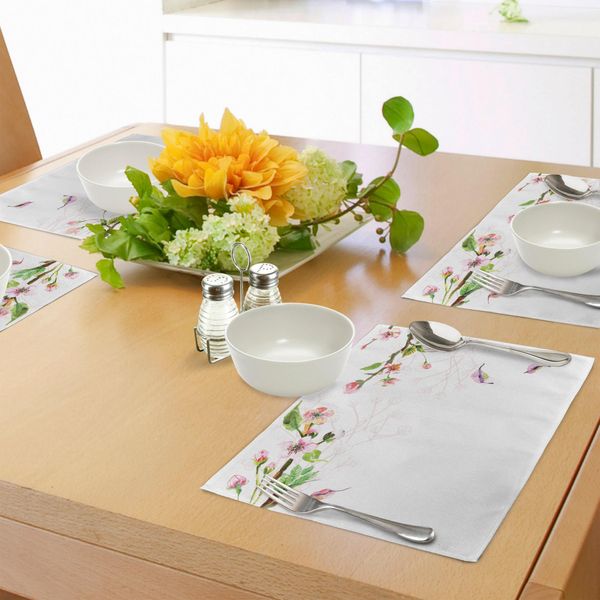 Tovagliette Acquerellate Abakuhaus, Melo Che Fiorisce Romanticamente In Primavera, Tiscjdeco In Tessuto Resistente Al Colore Per La Sala Da Pranzo E La Cucina, Rosa Chiaro Verde-image