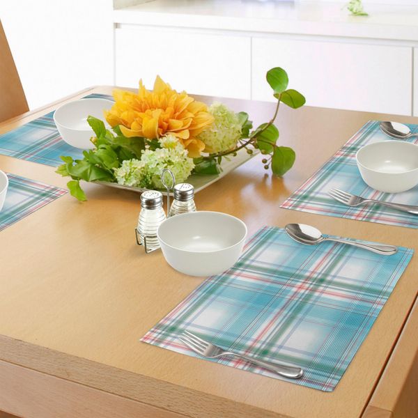 Abakuhaus Tovagliette A Quadri, Motivo A Quadri Bianco Pastello E Blu Con Strisce Rosa Design Estivo Fresco, Tiscjdeco In Tessuto Resistente Al Lavaggio Per La Sala Da Pranzo E La Cucina, Turchese Rosa Acquamarina-image