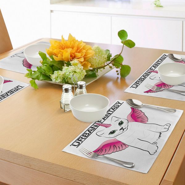 Abakuhaus Tovagliette Unicorno Gatto, Tema Fantasia Urbana Gatto Con Ali Rosa E Corno Vintage Finzione Arte, Sottobicchieri In Tessuto Lavabile Decorazione Da Tavola Con Stampa, Nero Rosa-image