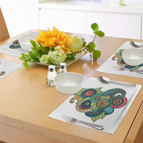 Abakuhaus Tovagliette Gekritzel, Motivo Floreale Etnico Zentangle Con Colori Vivaci Henna Paisley Mehndi Gekritzel, Tiscjdeco In Tessuto Resistente Al Colore Per La Sala Da Pranzo E La Cucina, Multicolore-image