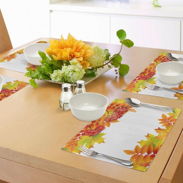 Abakuhaus Tovagliette In Sorbo, Design Autunnale Con Bacche Di Sorbo E Foglie Secche, Tiscjdeco In Tessuto Resistente Al Lavaggio Per La Sala Da Pranzo E La Cucina, Verde Lime Arancione Giallo-image