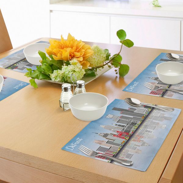 Tovagliette Abakuhaus Detroit, Skyline Di Detroit Con Grattacieli E Edifici Moderni Clear Sky Water Reflection, Tiscjdeco In Tessuto Resistente Al Lavaggio Per La Sala Da Pranzo E La Cucina, Multicolore-image