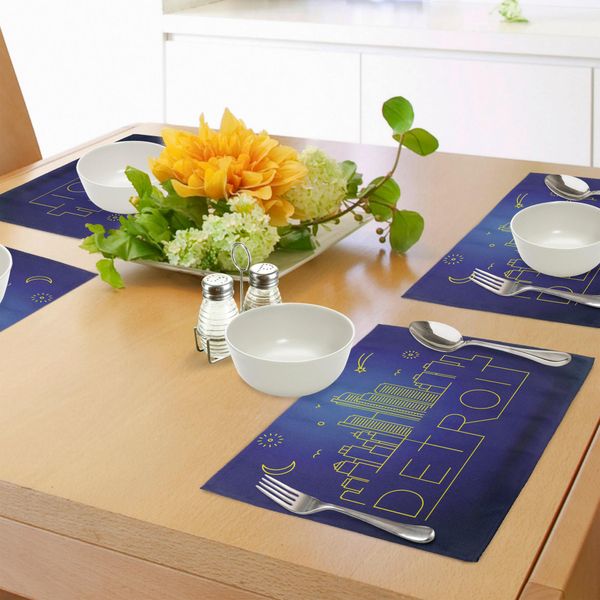 Tovagliette Abakuhaus Detroit, Immagine Minimalista Dell'architettura Urbana Di Detroit E Degli Elementi Del Cielo, Tiscjdeco In Tessuto Resistente Ai Colori Per La Sala Da Pranzo E La Cucina, Giallo E Blu-image