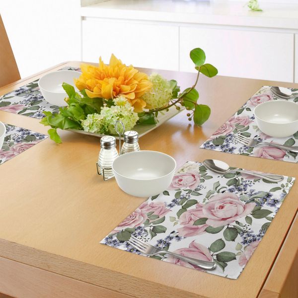 Tovagliette Abakuhaus Rose, Rose Rosa In Fiore Con Delicati Fiori Estivi E Primaverili, Decorazioni Da Tavola In Tessuto Resistente Al Lavaggio Per La Sala Da Pranzo E La Cucina, Rosa Chiaro E Verde-image