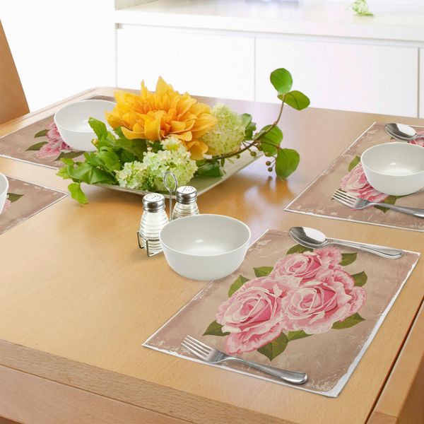 Tovagliette Abakuhaus Rose, Bouquet Di Rose Rosa, Design Retrò, Tema Natura-Amore-Romanticismo, Stile Grunge, Decorazione Da Tavola In Tessuto Resistente Al Lavaggio Per Sala Da Pranzo E Cucina, Rosa Chiaro, Verde, Marrone Chiaro-image