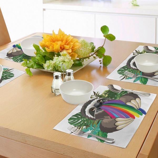 Tovagliette Abakuhaus Con Animali Indolenti, Animali Della Giungla Indolenti Che Sputano Arcobaleni Di Colori Su Foglie Di Banano, Sfondo Allegro, Decorazioni Da Tavola In Tessuto Resistente Al Lavaggio Per La Sala Da Pranzo E La Cucina, Multicolore-image
