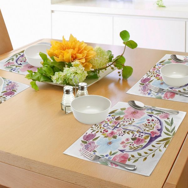 Tovagliette Abakuhaus Acquerellate, Ancora Marina Ricoperta Da Edera Fiorita Con Immagine Romantica Di Rosa, Tiscjdeco In Tessuto Resistente Al Lavaggio Per Sala Da Pranzo E Cucina, Multicolore-image