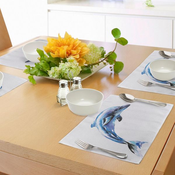 Tovagliette Abakuhaus Con Delfini, Acquerello Oceano Mammiferi Disegnati A Mano Vita Acquatica Animali Ecologici, Tiscjdeco In Tessuto Resistente Al Lavaggio Per Sala Da Pranzo E Cucina, Nero Viola Blu-image