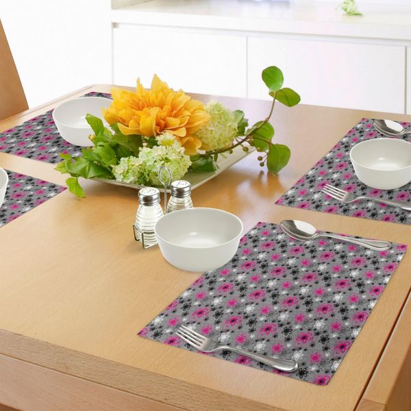 Tovagliette Vintage Abakuhaus Con Motivi Floreali, Disegni A Mano Libera Dai Colori Vivaci, Stile Retrò Antico, Decorazioni Da Tavola In Tessuto Resistente Ai Colori Per La Sala Da Pranzo E La Cucina, Rosa, Nero, Grigio-image