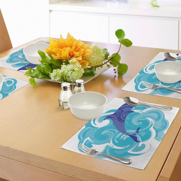 Tovagliette Abakuhaus Con Motivi A Delfini, Rappresentazione Astratta Delle Onde, Vita Acquatica, Colori Tenui, Scene Naturali, Decorazioni Da Tavola In Tessuto Resistente Ai Colori Per La Sala Da Pranzo E La Cucina, Blu Violetto, Azzurro Cielo.-image