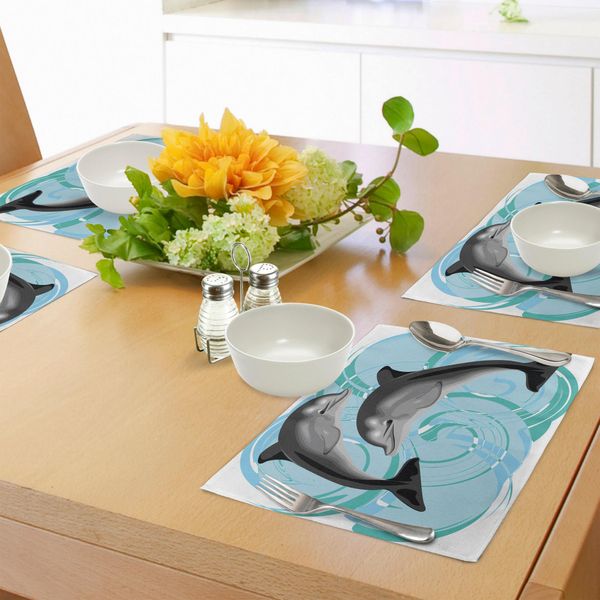 Tovagliette Abakuhaus Con Delfini, Immagine Digitale Astratta Ispirata Alla Vita Marina Con Tema Oceanico Due Amici Delfini Sea Print, Decorazione Da Tavola In Tessuto Resistente Ai Colori Per La Sala Da Pranzo E La Cucina, Multicolore-image