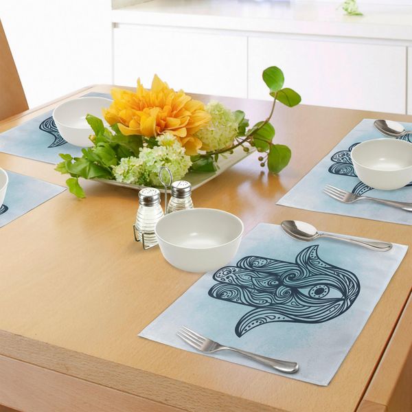 Tovagliette Abakuhaus Hamsa, Hamsa Disegnato A Mano Con Linee Ricciolute, Tiscjdeco In Tessuto Resistente Ai Colori Per La Sala Da Pranzo E La Cucina, Blu Scuro Acquamarina-image