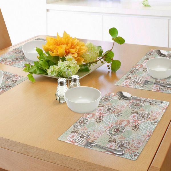 Tovagliette Abakuhaus Con Motivi Floreali, Romantici Fiori Selvatici In Vari Tipi Di Disegno Scarabocchiato, Tiscjdeco In Tessuto Resistente Al Lavaggio Per La Sala Da Pranzo E La Cucina, Pesca-image