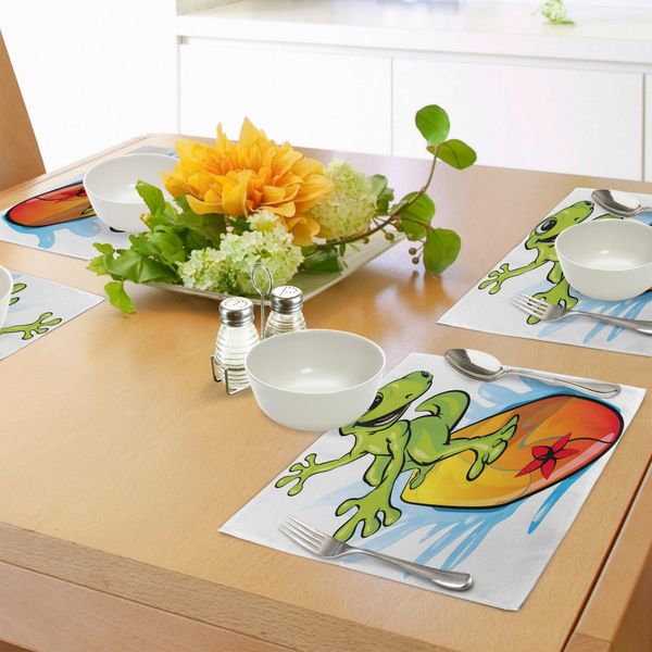 Abakuhaus Cavalca L'onda Tovagliette, Un Gecko Che Fa Surf Con La Divertente Caricatura Dell'animale Acquatico, Tiscjdeco In Tessuto Resistente Al Lavaggio Per La Sala Da Pranzo E La Cucina, Verde Lime, Azzurro, Arancione-image