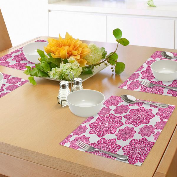 Tovagliette Abakuhaus Rosa, Composizione Floreale Batik Etnica Con Motivo Mandala Dal Design Artistico Orientale, Decorazione Da Tavola In Tessuto Resistente Al Lavaggio Per Sala Da Pranzo E Cucina, Rosa E Bianco-image